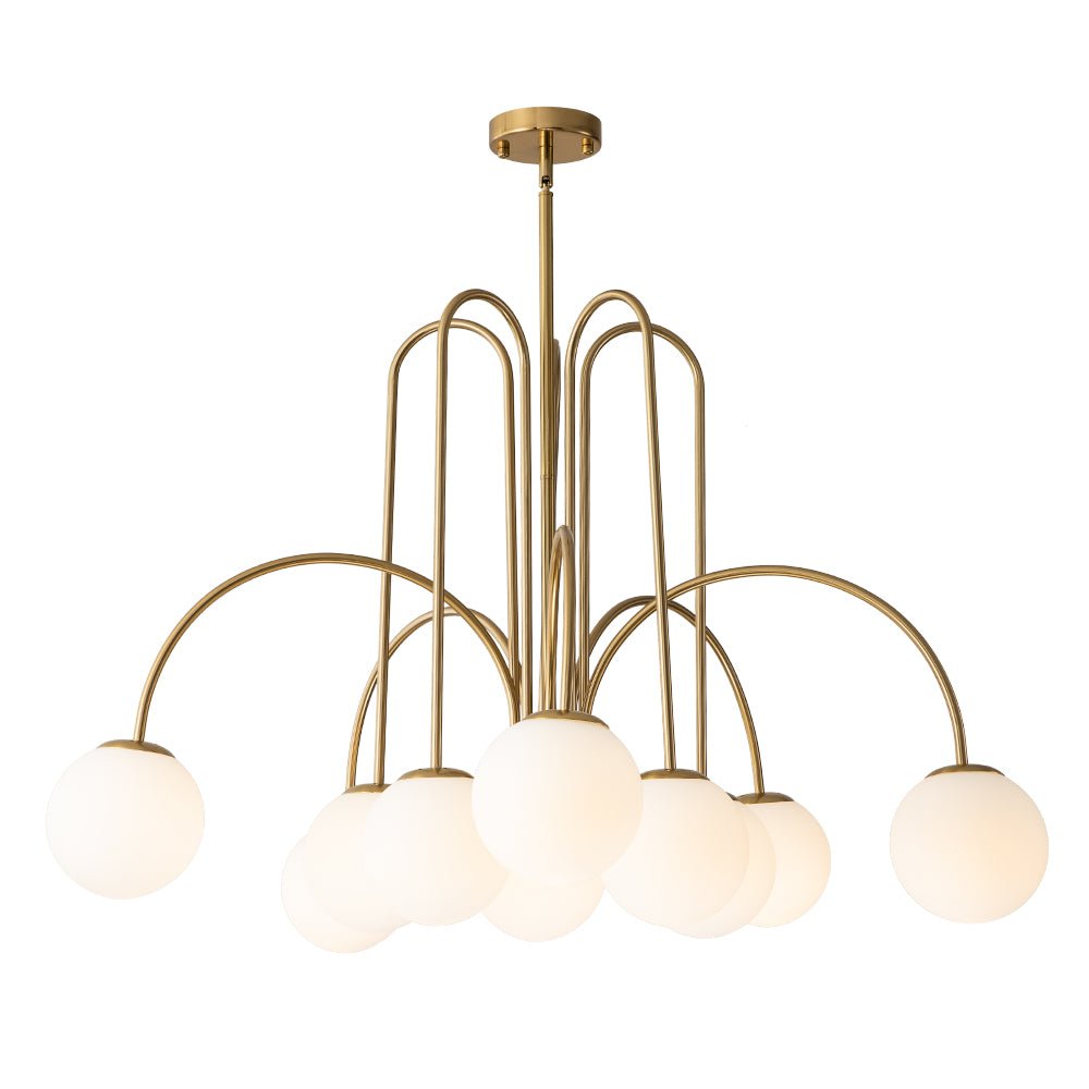 Ten-Globe Adjustable Chandelier 38.6 in Wide Frosted Glass Spheres Black Brass Chrome Modern Dining Room Foyer Statement Lighting Mid-Centur