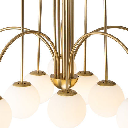 Ten-Globe Adjustable Chandelier 38.6 in Wide Frosted Glass Spheres Black Brass Chrome Modern Dining Room Foyer Statement Lighting Mid-Centur
