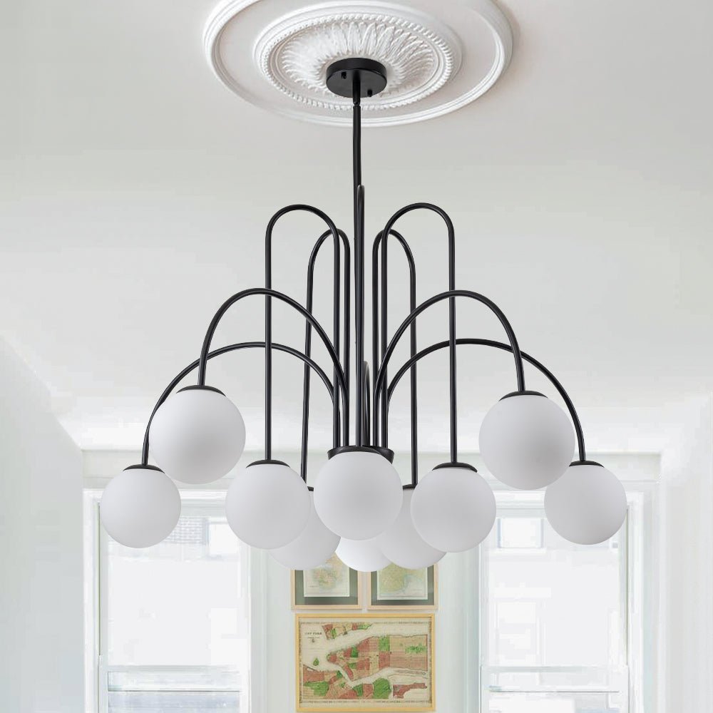 Ten-Globe Adjustable Chandelier 38.6 in Wide Frosted Glass Spheres Black Brass Chrome Modern Dining Room Foyer Statement Lighting Mid-Centur