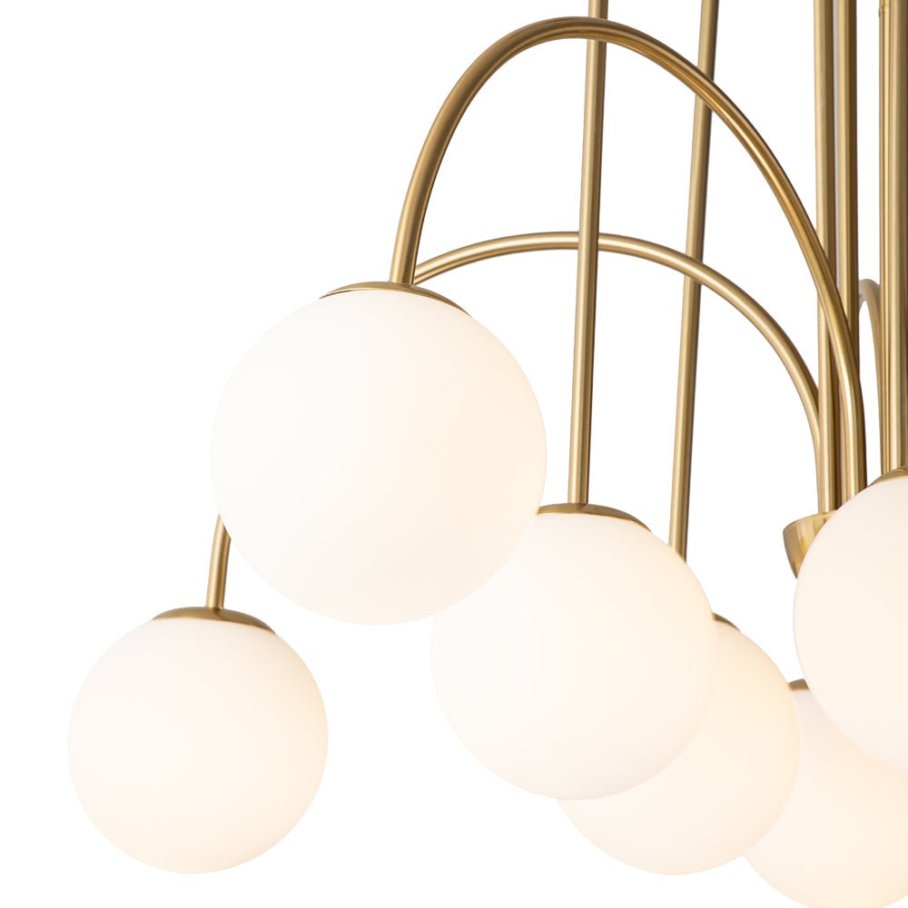 Ten-Globe Adjustable Chandelier 38.6 in Wide Frosted Glass Spheres Black Brass Chrome Modern Dining Room Foyer Statement Lighting Mid-Centur