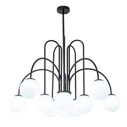 Ten-Globe Adjustable Chandelier 38.6 in Wide Frosted Glass Spheres Black Brass Chrome Modern Dining Room Foyer Statement Lighting Mid-Centur