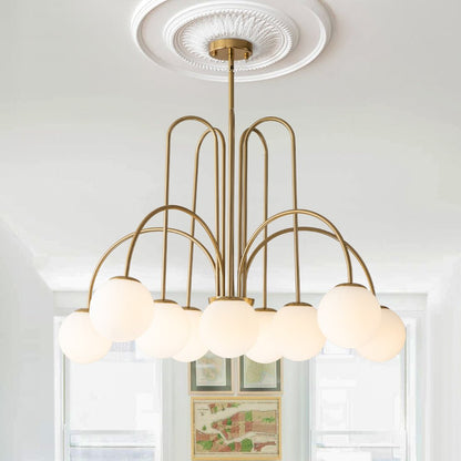 Ten-Globe Adjustable Chandelier 38.6 in Wide Frosted Glass Spheres Black Brass Chrome Modern Dining Room Foyer Statement Lighting Mid-Centur
