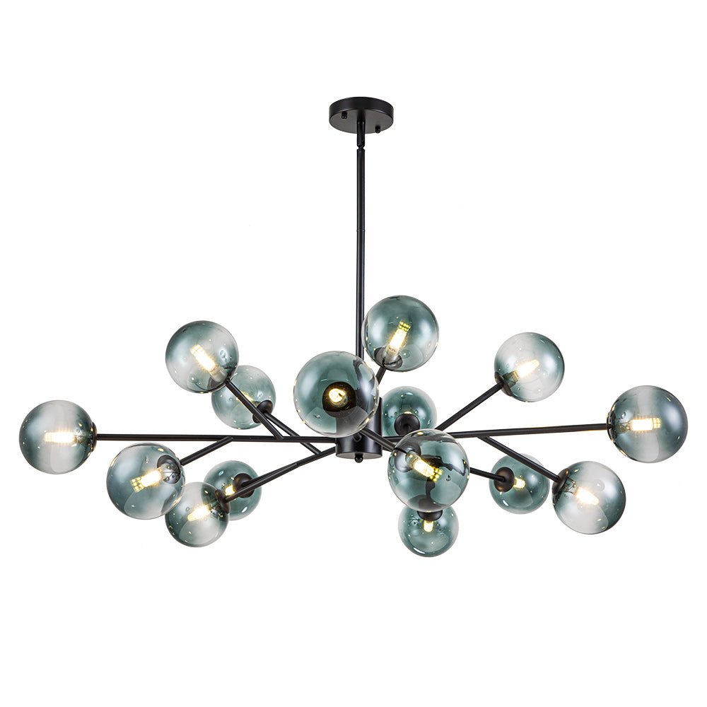 Mid-Century Modern Chandelier with 15 Blue Glass Orbs on Branching Arms for Dining Room & Living Room