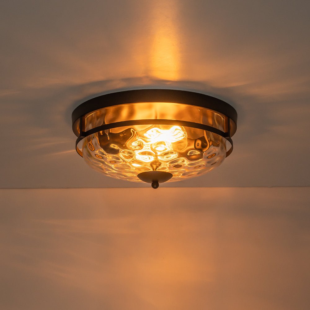 Textured Glass Flush Mount Fixture 13 in Round Two-Bulb Overhead Lighting for Bedrooms Entryways Low-Profile Farmhouse Style
