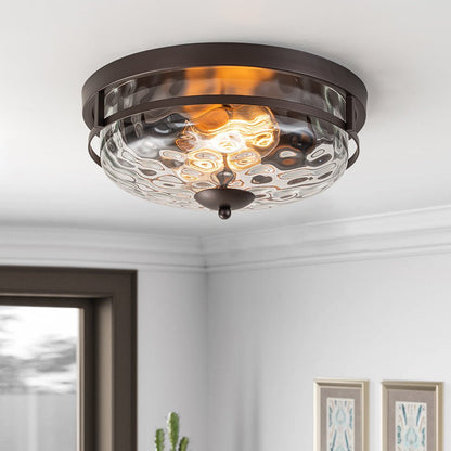 Textured Glass Flush Mount Fixture 13 in Round Two-Bulb Overhead Lighting for Bedrooms Entryways Low-Profile Farmhouse Style