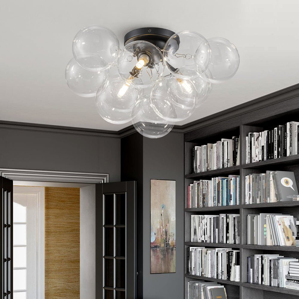 Clear Glass Globe Semi-Flush Ceiling Light, 3-Bulb Brushed Metal Cluster Fixture for Dining Room, Bedroom, Entryway, Bathroom