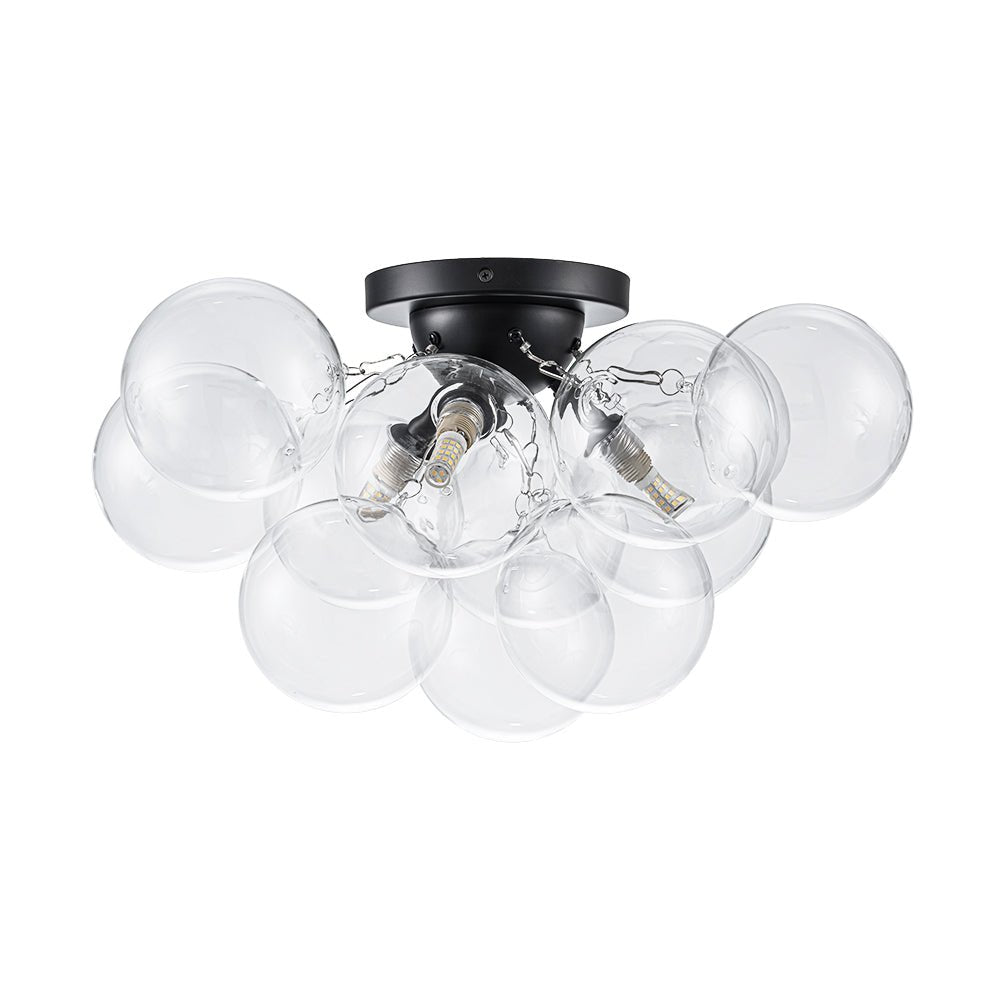Clear Glass Globe Semi-Flush Ceiling Light, 3-Bulb Brushed Metal Cluster Fixture for Dining Room, Bedroom, Entryway, Bathroom