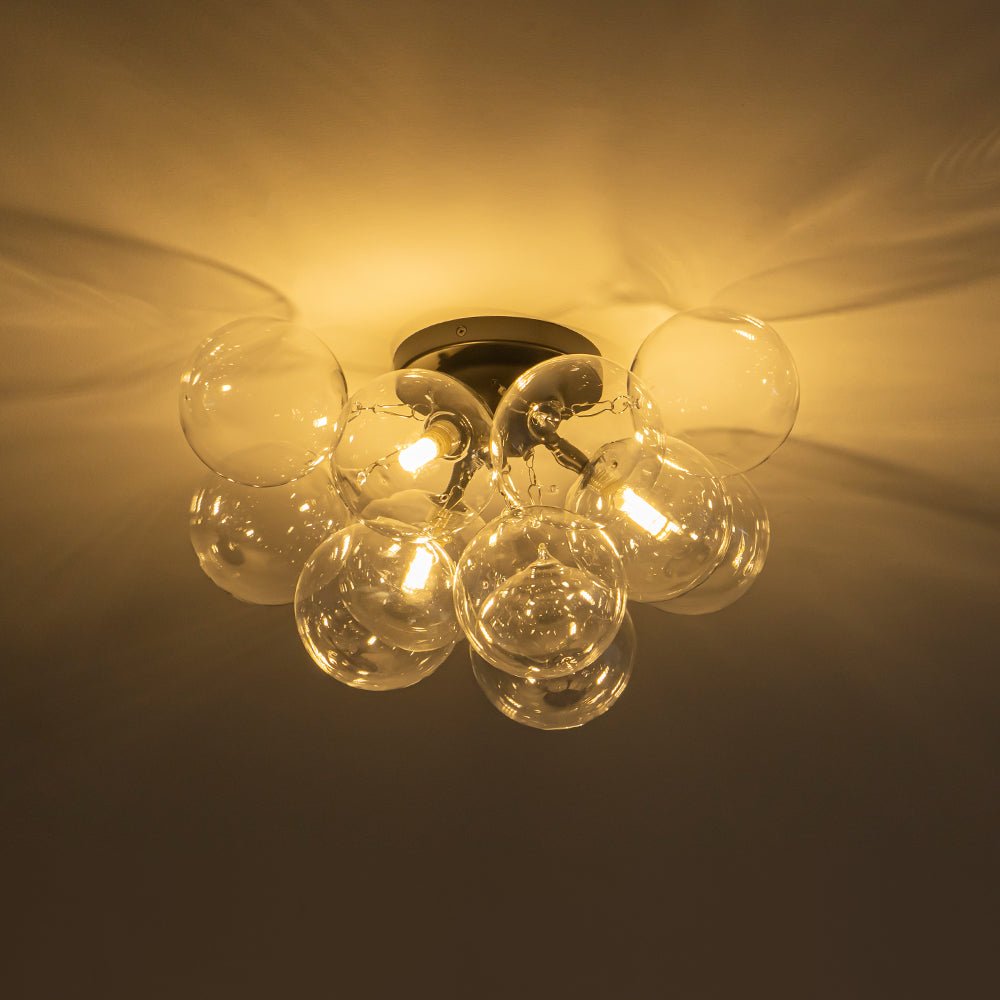 Clear Glass Globe Semi-Flush Ceiling Light, 3-Bulb Brushed Metal Cluster Fixture for Dining Room, Bedroom, Entryway, Bathroom
