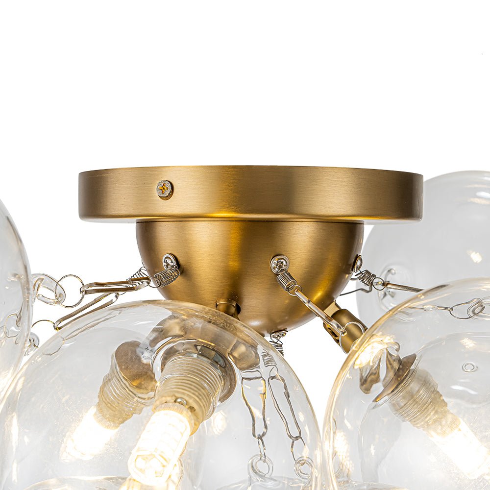 Clear Glass Globe Semi-Flush Ceiling Light, 3-Bulb Brushed Metal Cluster Fixture for Dining Room, Bedroom, Entryway, Bathroom
