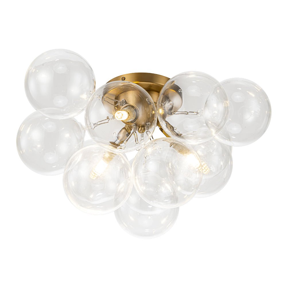 Clear Glass Globe Semi-Flush Ceiling Light, 3-Bulb Brushed Metal Cluster Fixture for Dining Room, Bedroom, Entryway, Bathroom