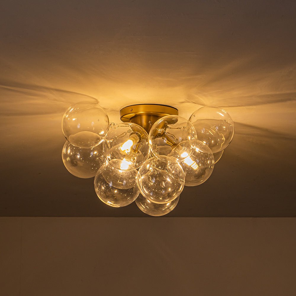Clear Glass Globe Semi-Flush Ceiling Light, 3-Bulb Brushed Metal Cluster Fixture for Dining Room, Bedroom, Entryway, Bathroom