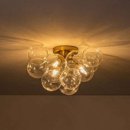 Clear Glass Globe Semi-Flush Ceiling Light, 3-Bulb Brushed Metal Cluster Fixture for Dining Room, Bedroom, Entryway, Bathroom