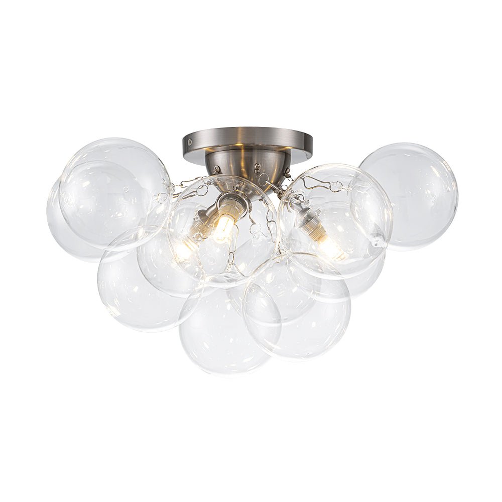 Clear Glass Globe Semi-Flush Ceiling Light, 3-Bulb Brushed Metal Cluster Fixture for Dining Room, Bedroom, Entryway, Bathroom