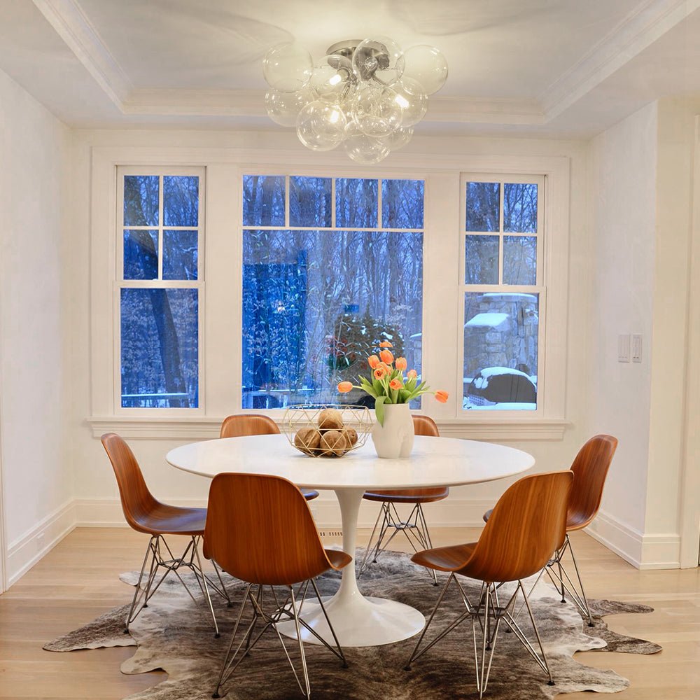 Clear Glass Globe Semi-Flush Ceiling Light, 3-Bulb Brushed Metal Cluster Fixture for Dining Room, Bedroom, Entryway, Bathroom