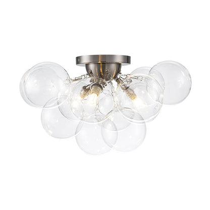 Clear Glass Globe Semi-Flush Ceiling Light, 3-Bulb Brushed Metal Cluster Fixture for Dining Room, Bedroom, Entryway, Bathroom