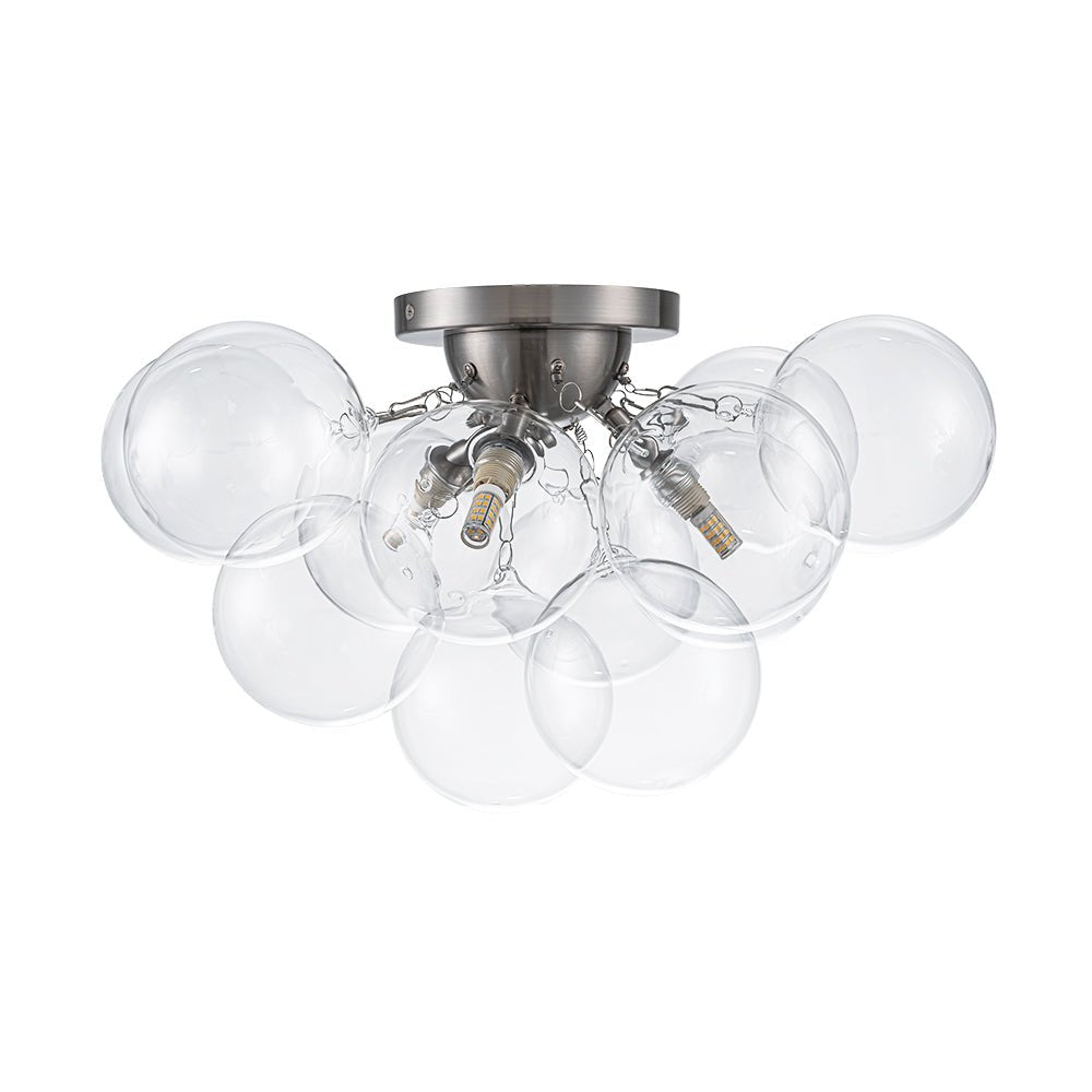 Clear Glass Globe Semi-Flush Ceiling Light, 3-Bulb Brushed Metal Cluster Fixture for Dining Room, Bedroom, Entryway, Bathroom