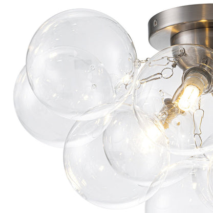 Clear Glass Globe Semi-Flush Ceiling Light, 3-Bulb Brushed Metal Cluster Fixture for Dining Room, Bedroom, Entryway, Bathroom