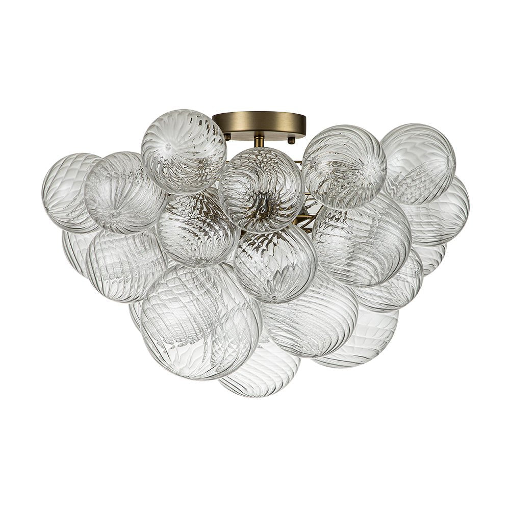 Three-Globe Ceiling Mount Fixture with Textured Glass Shades in Warm Metal Finish for Entry, Dining Room & Living Room