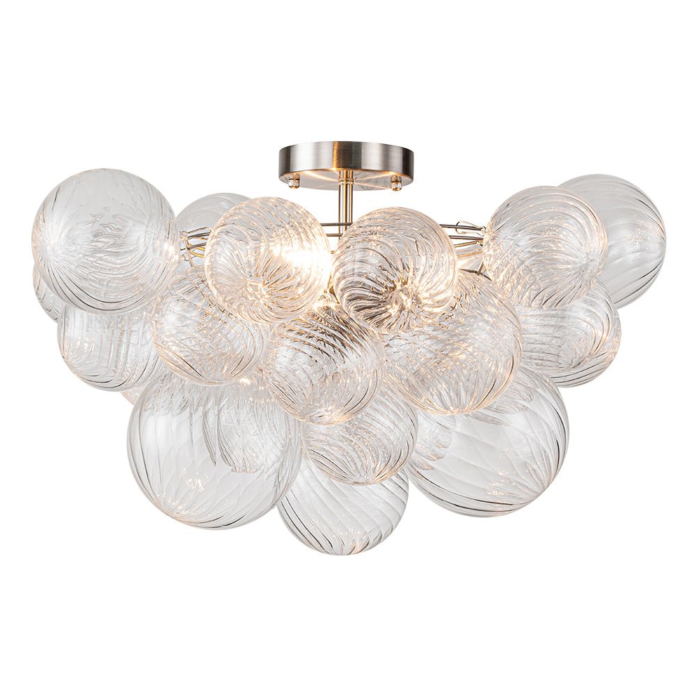 Plafonnier semi-encastré à globe en verre strié, lustre à bulles avec grappe de 3 ampoules, monture en laiton ou nickel