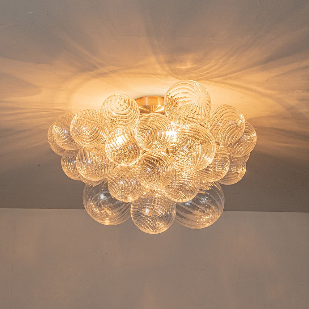 Plafonnier semi-encastré à globe en verre strié, lustre à bulles avec grappe de 3 ampoules, monture en laiton ou nickel