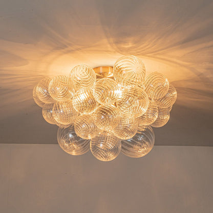 Plafonnier semi-encastré à globe en verre strié, lustre à bulles avec grappe de 3 ampoules, monture en laiton ou nickel
