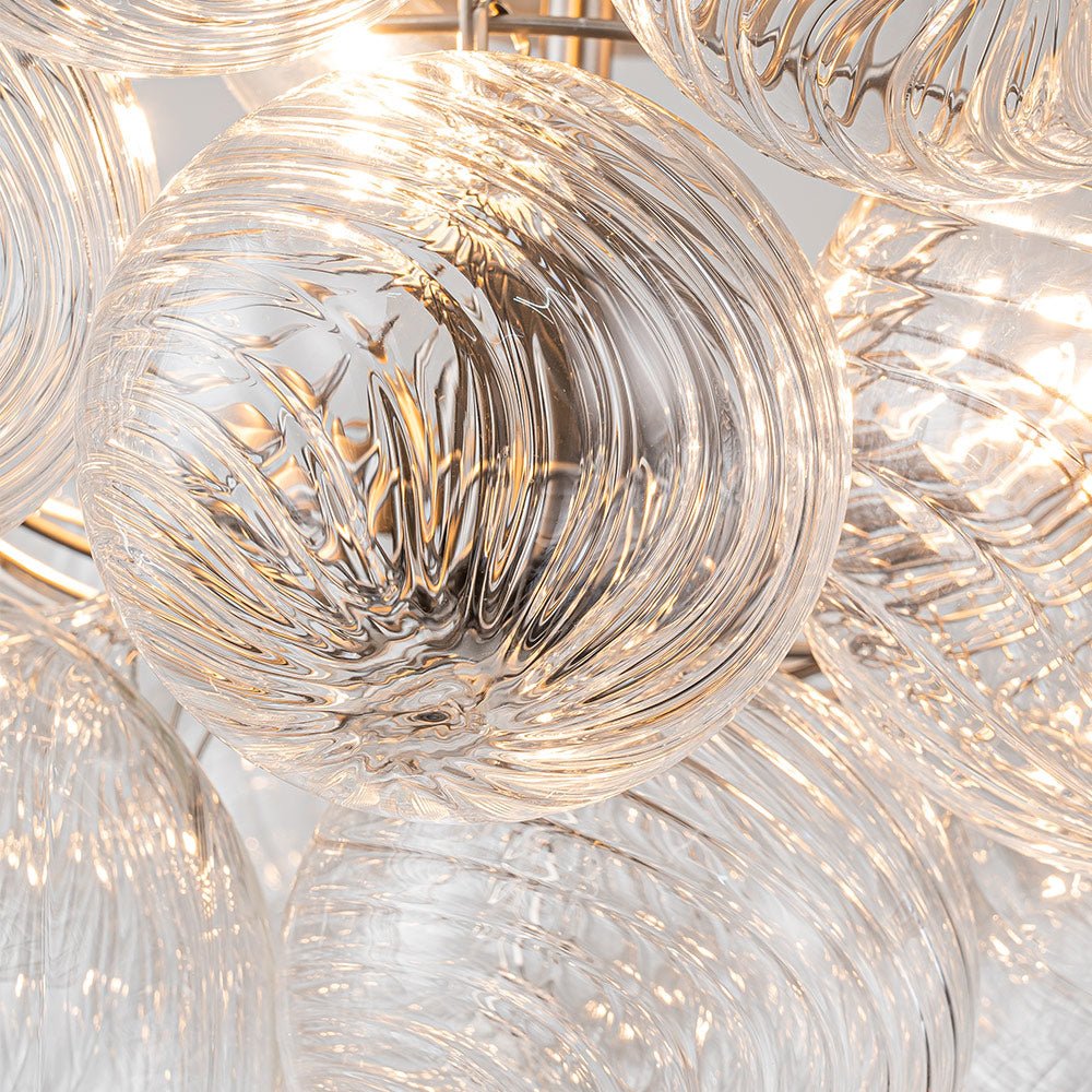 Plafonnier semi-encastré à globe en verre strié, lustre à bulles avec grappe de 3 ampoules, monture en laiton ou nickel