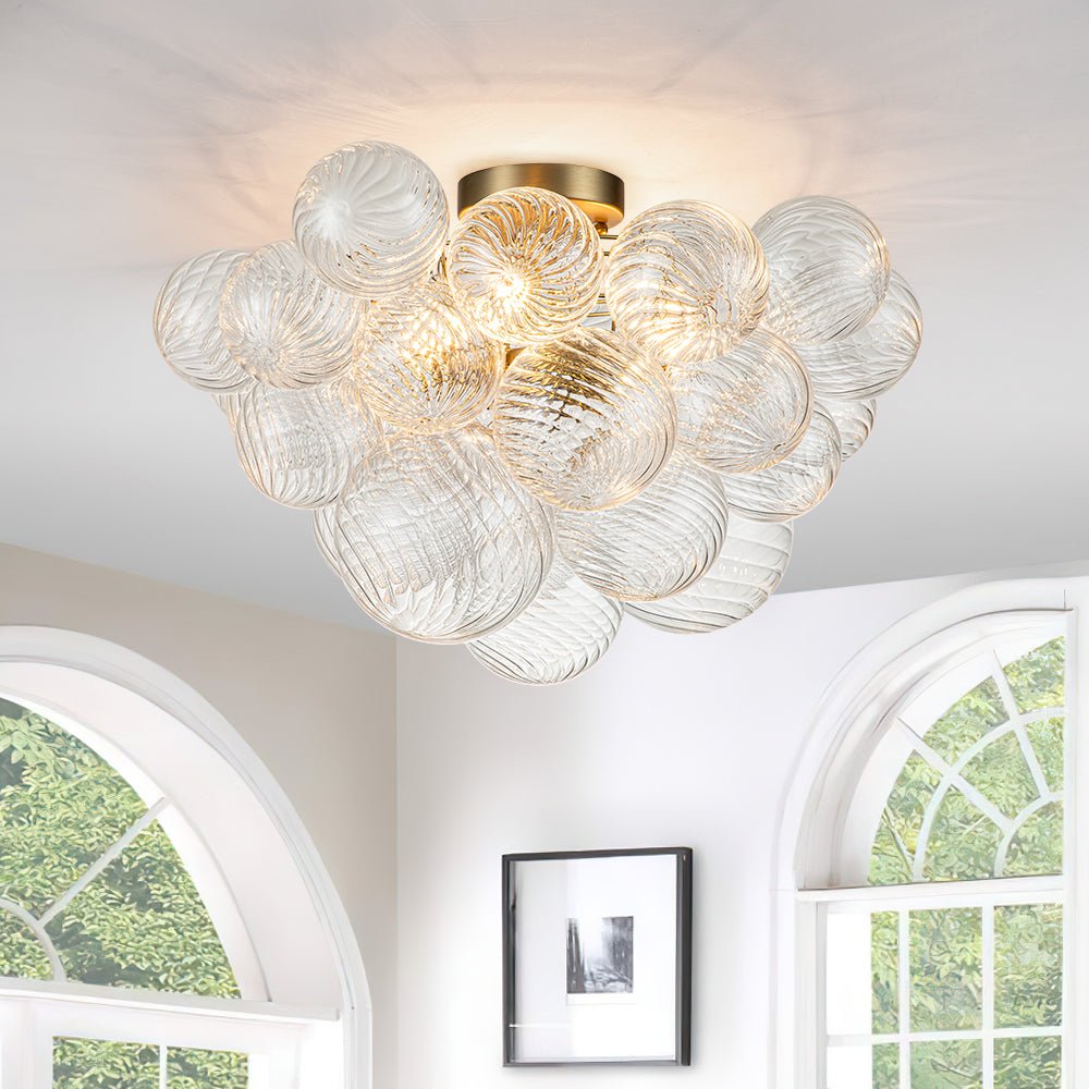 Plafonnier semi-encastré à globe en verre strié, lustre à bulles avec grappe de 3 ampoules, monture en laiton ou nickel