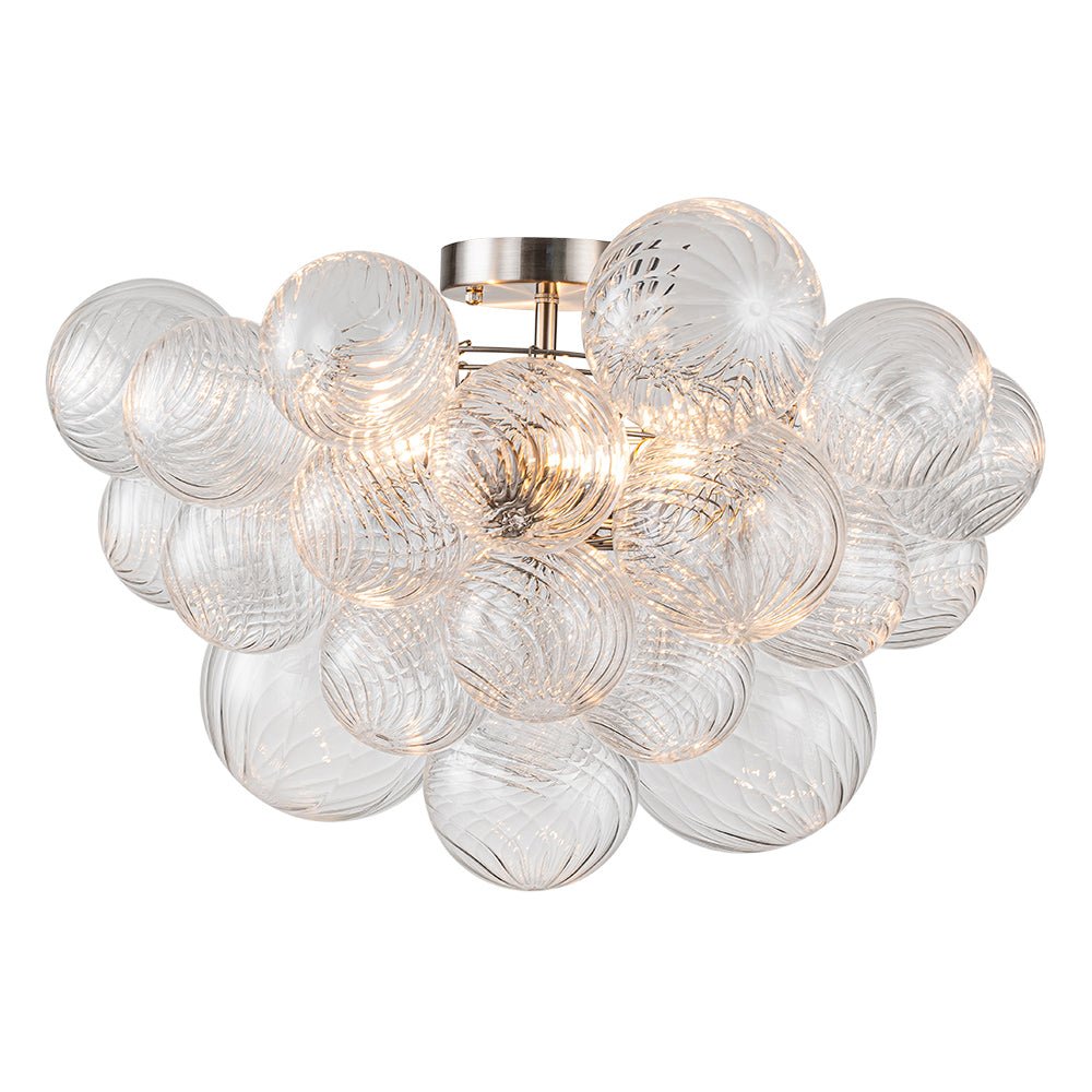 Plafonnier semi-encastré à globe en verre strié, lustre à bulles avec grappe de 3 ampoules, monture en laiton ou nickel