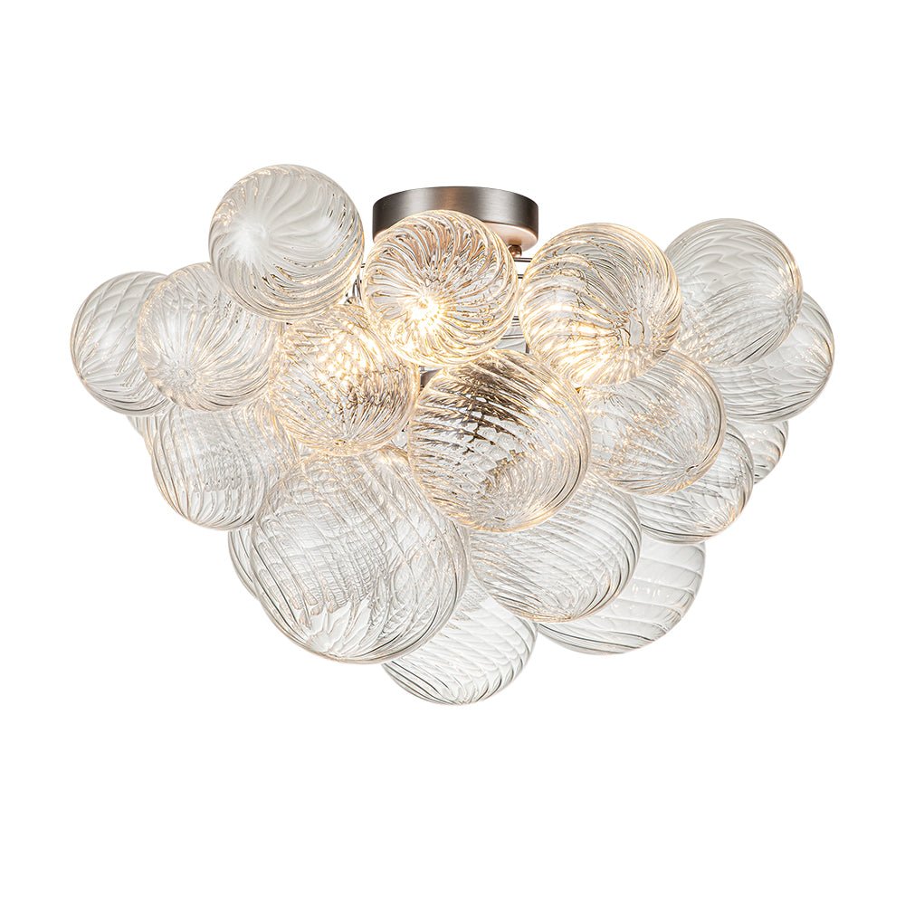 Plafonnier semi-encastré à globe en verre strié, lustre à bulles avec grappe de 3 ampoules, monture en laiton ou nickel