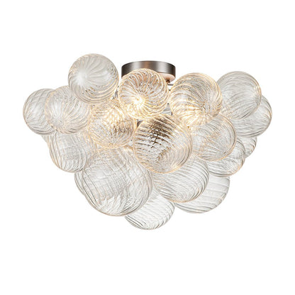 Plafonnier semi-encastré à globe en verre strié, lustre à bulles avec grappe de 3 ampoules, monture en laiton ou nickel