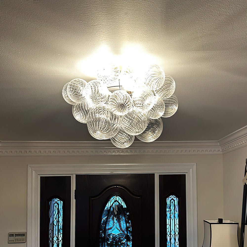Plafonnier semi-encastré à globe en verre strié, lustre à bulles avec grappe de 3 ampoules, monture en laiton ou nickel