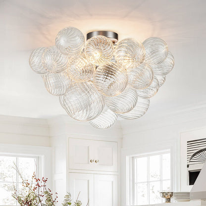 Plafonnier semi-encastré à globe en verre strié, lustre à bulles avec grappe de 3 ampoules, monture en laiton ou nickel