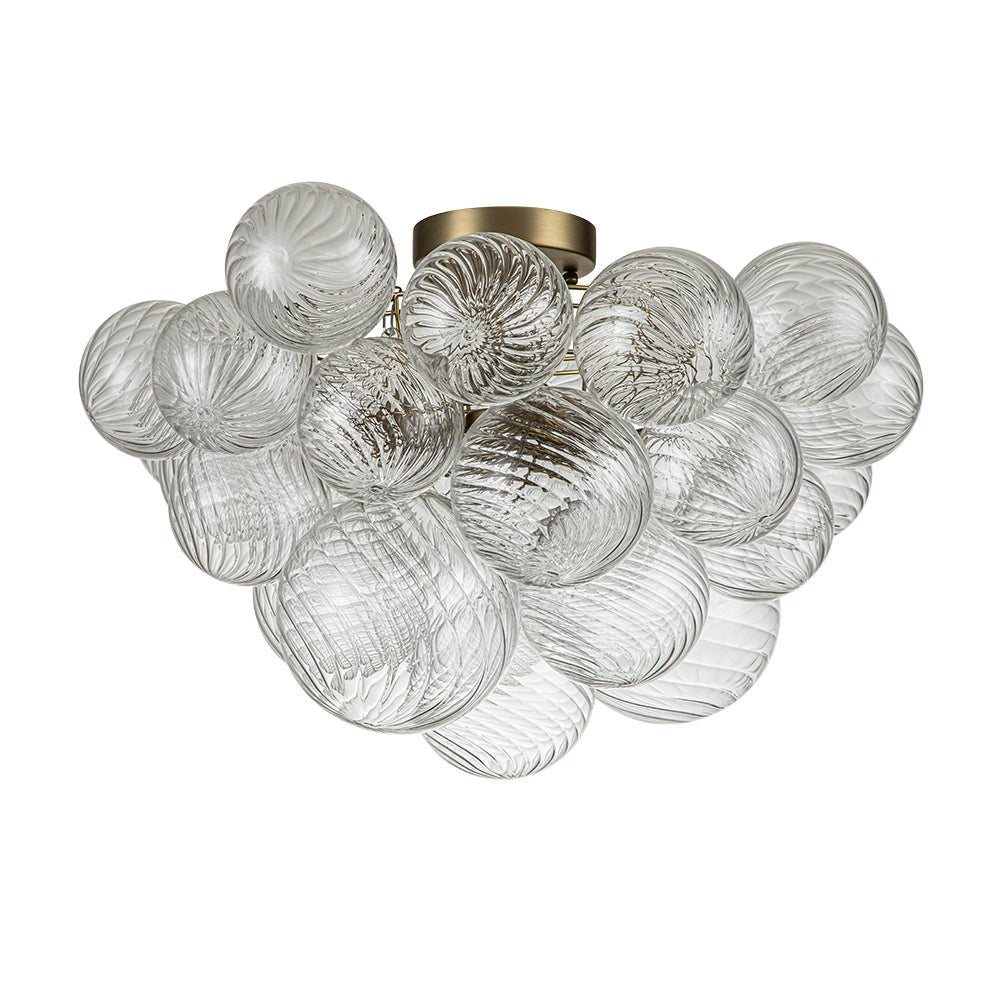 Plafonnier semi-encastré à globe en verre strié, lustre à bulles avec grappe de 3 ampoules, monture en laiton ou nickel