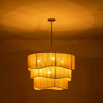 Bohemian 6-Light Tiered Chandelier with Hand-Woven Shade | Adjustable Drum Fixture for Dining Room & Entryway | Hardwired Candelabra Brass