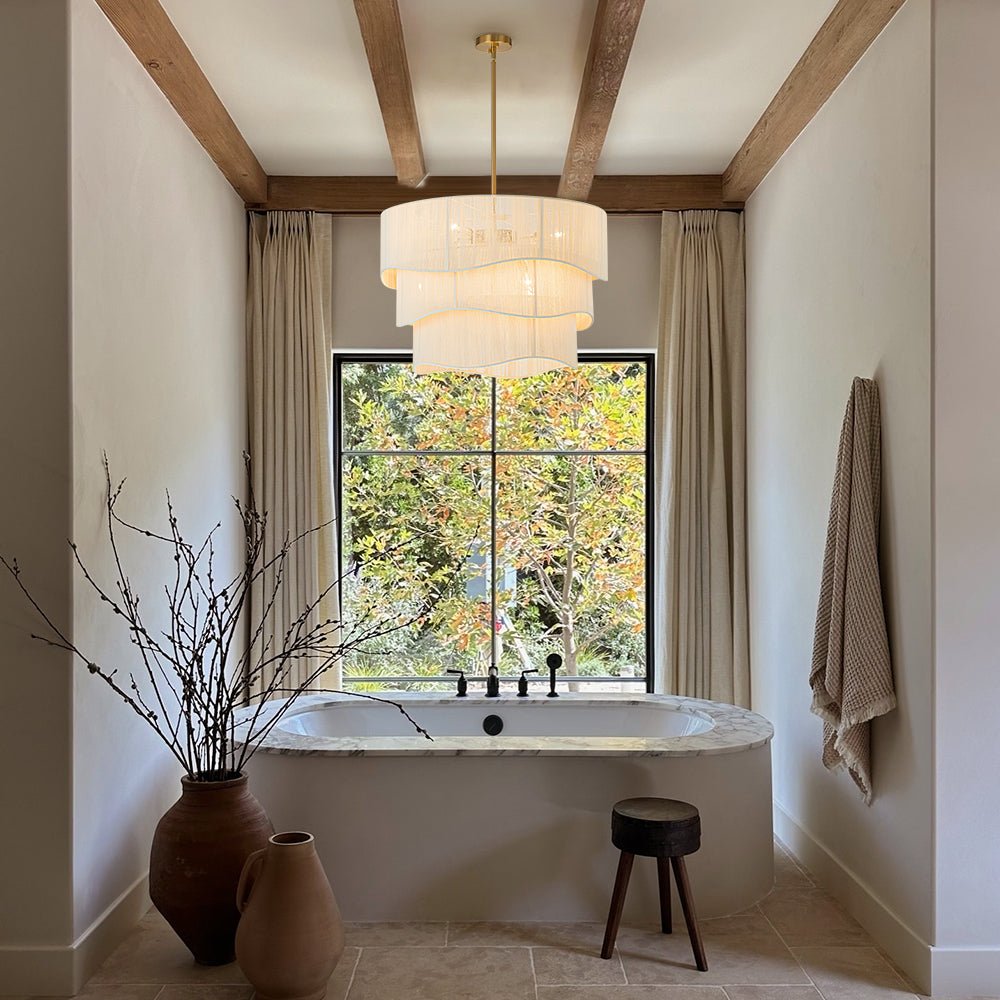 Bohemian 6-Light Tiered Chandelier with Hand-Woven Shade | Adjustable Drum Fixture for Dining Room & Entryway | Hardwired Candelabra Brass