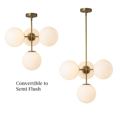 Four-Globe Frosted Glass Chandelier 24 in Brass or Black for Dining Table Kitchen Island Mid-Century Modern Adjustable Ceiling Light Fixture