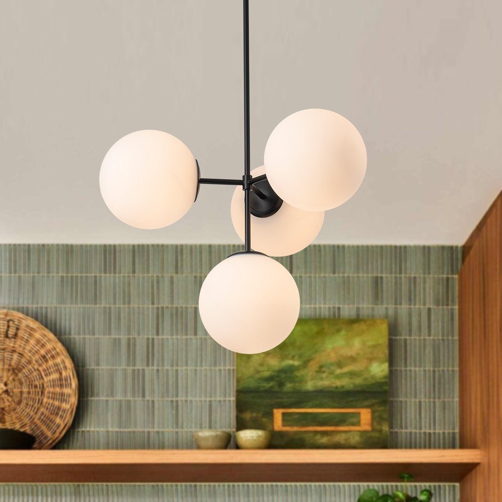 Four-Globe Frosted Glass Chandelier 24 in Brass or Black for Dining Table Kitchen Island Mid-Century Modern Adjustable Ceiling Light Fixture