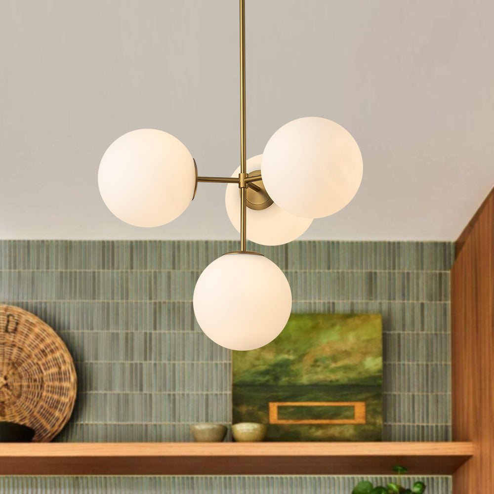 Four-Globe Frosted Glass Chandelier 24 in Brass or Black for Dining Table Kitchen Island Mid-Century Modern Adjustable Ceiling Light Fixture