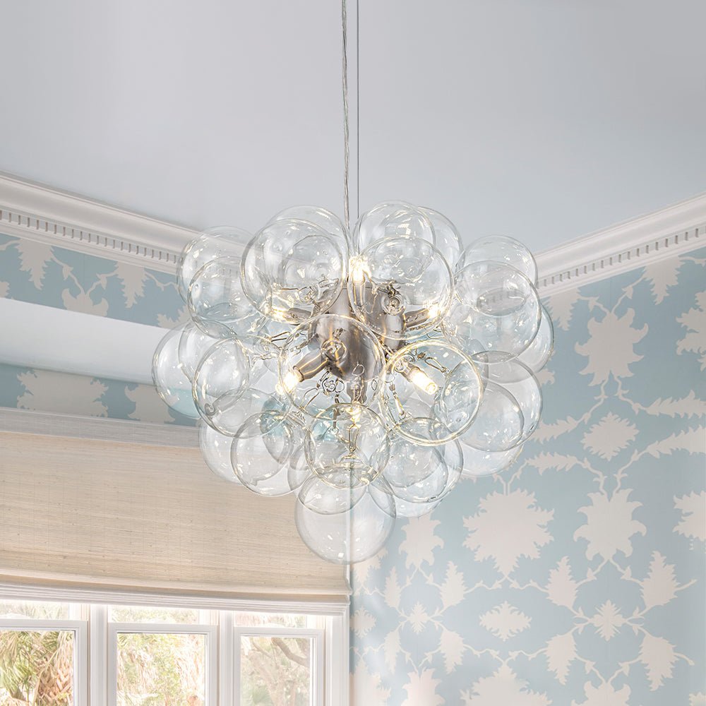 Multi-Sphere Glass Ceiling Fixture 20 in Brushed Metal Finish Adjustable Height 6-Light G9 for Dining Room Kitchen Island Contemporary Home
