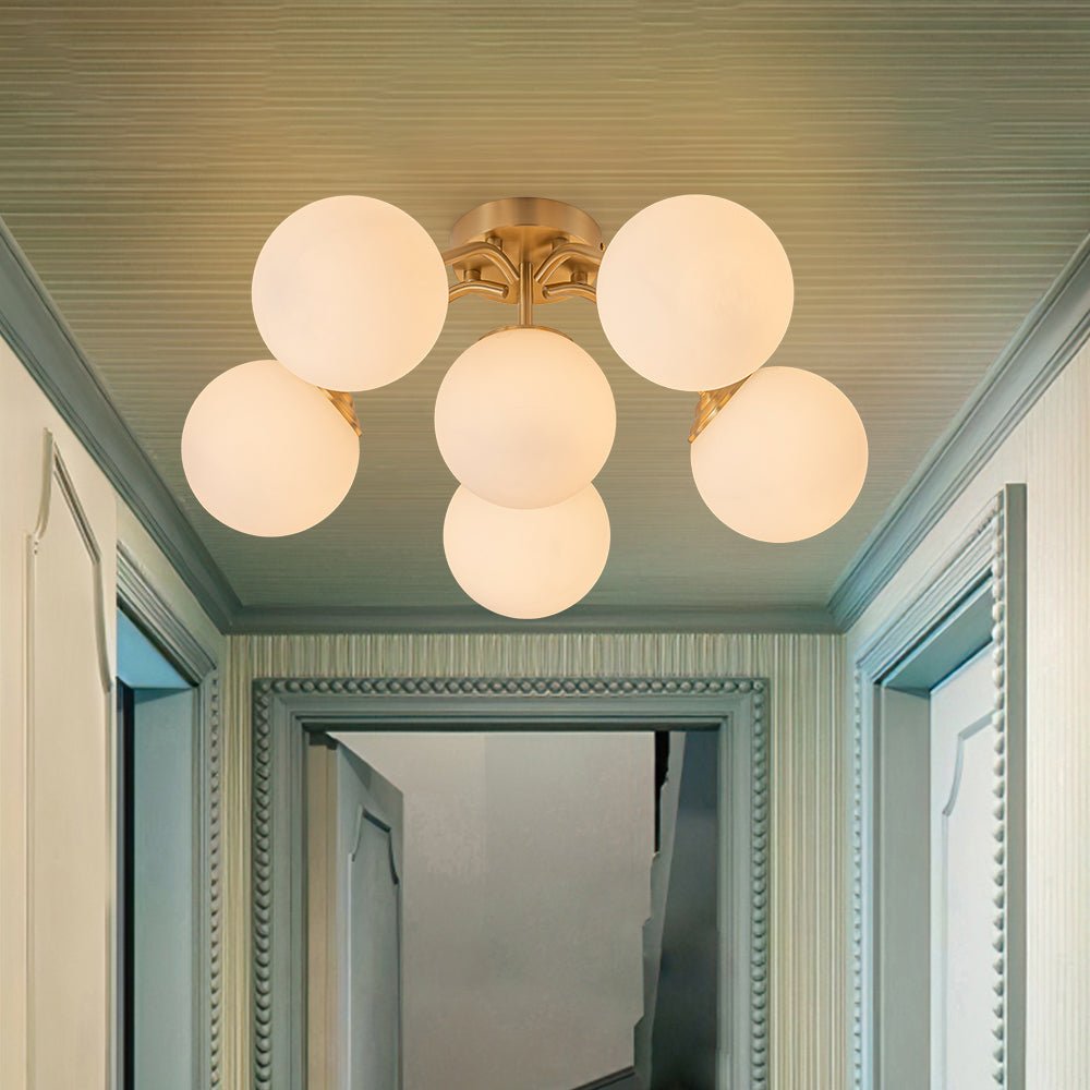 Starburst Ceiling Light with Frosted Globe Shades – Mid-Century Modern Semi-Flush Mount Fixture in Gold Tone