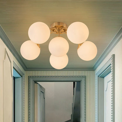 Starburst Ceiling Light with Frosted Globe Shades – Mid-Century Modern Semi-Flush Mount Fixture in Gold Tone