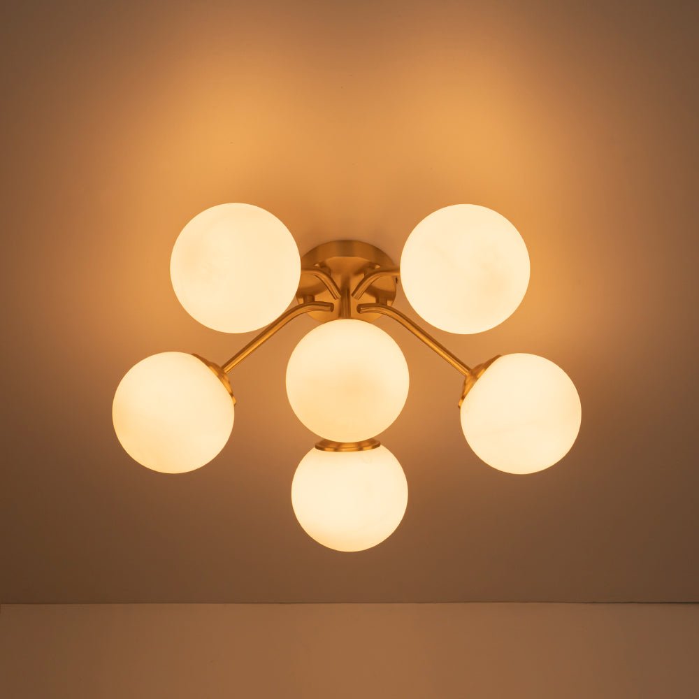 Starburst Ceiling Light with Frosted Globe Shades – Mid-Century Modern Semi-Flush Mount Fixture in Gold Tone