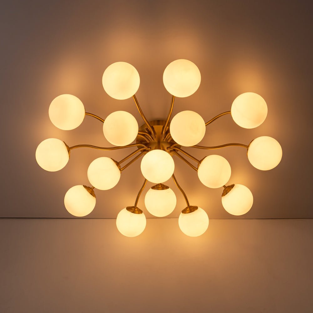 Starburst Ceiling Light with Frosted Globe Shades – Mid-Century Modern Semi-Flush Mount Fixture in Gold Tone