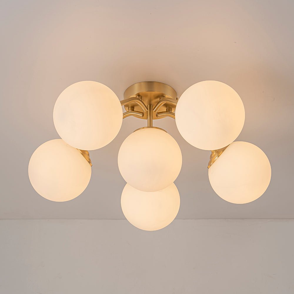 Starburst Ceiling Light with Frosted Globe Shades – Mid-Century Modern Semi-Flush Mount Fixture in Gold Tone