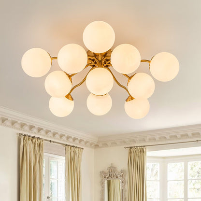 Starburst Ceiling Light with Frosted Globe Shades – Mid-Century Modern Semi-Flush Mount Fixture in Gold Tone