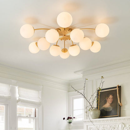 Frosted Globe Semi Flush Ceiling Light 12-Arm Brass Starburst Chandelier for Dining Room Mid Century Modern