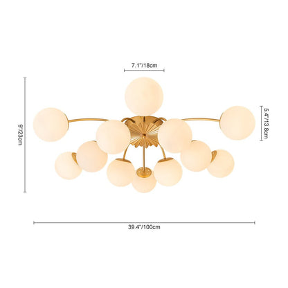 Frosted Globe Semi Flush Ceiling Light 12-Arm Brass Starburst Chandelier for Dining Room Mid Century Modern