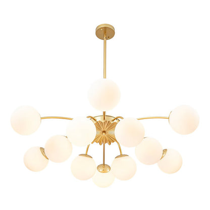 Frosted Globe Semi Flush Ceiling Light 12-Arm Brass Starburst Chandelier for Dining Room Mid Century Modern