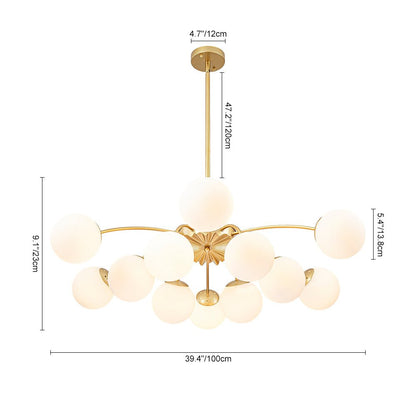 Frosted Globe Semi Flush Ceiling Light 12-Arm Brass Starburst Chandelier for Dining Room Mid Century Modern