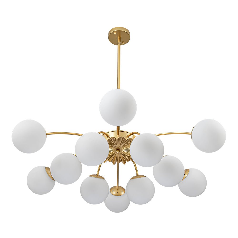 Frosted Globe Semi Flush Ceiling Light 12-Arm Brass Starburst Chandelier for Dining Room Mid Century Modern